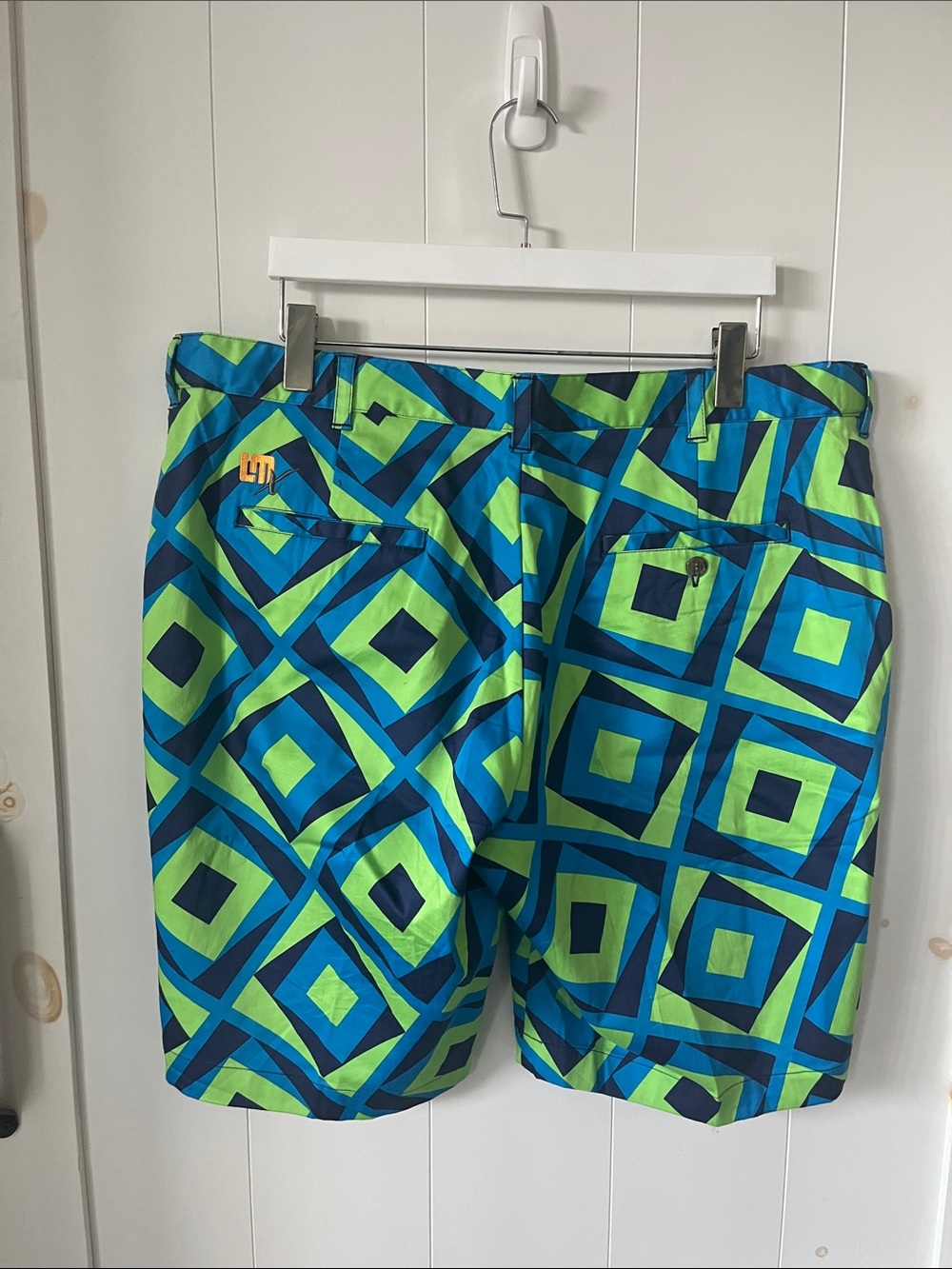 Men's Geometric Golf Shorts in Bright Green & Blue